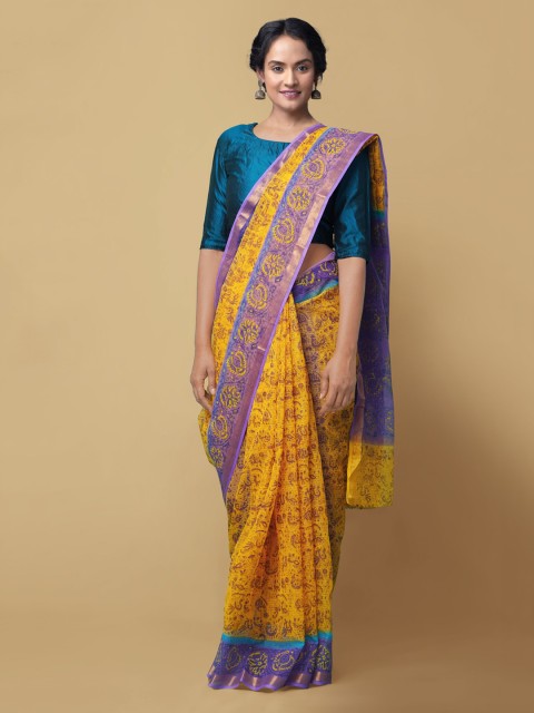

Unnati Silks Yellow & Purple Pure Cotton Printed Kota Saree