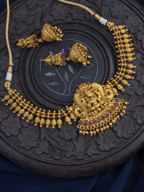 

Alankruthi Gold-Plated Red & Green Stone-Studded Temple Jewellery Set