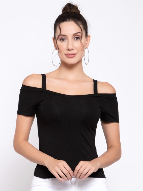 

iki chic Black Solid Cold-Shoulder Sleeves Regular Top