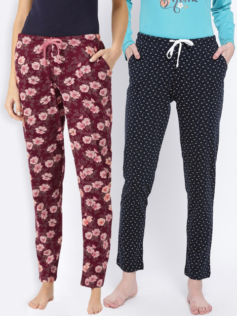 

Kanvin Women Pack of 2 Printed Pure Cotton Lounge Pants, Maroon