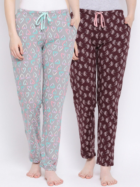 

Kanvin Women Pack of 2 Printed Pure Cotton Lounge Pants, Grey