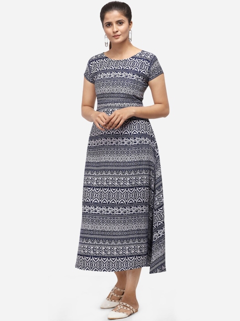 

SAADHVI Women Navy Blue Printed Fit and Flare Dress