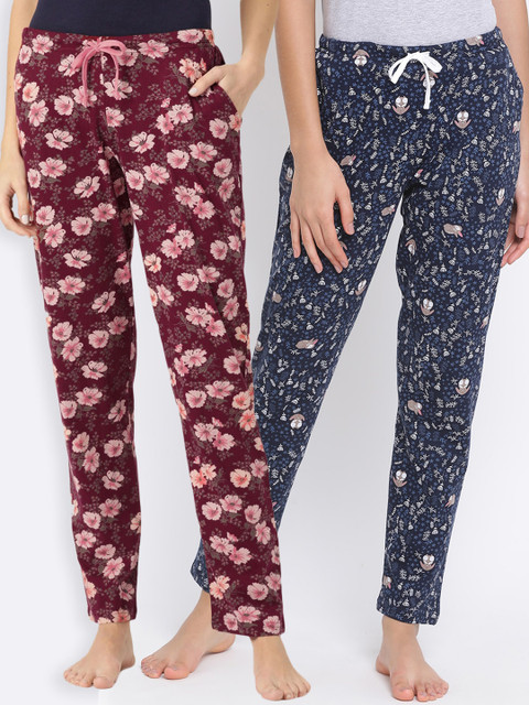 

Kanvin Women Pack of 2 Printed Pure Cotton Lounge Pants, Maroon