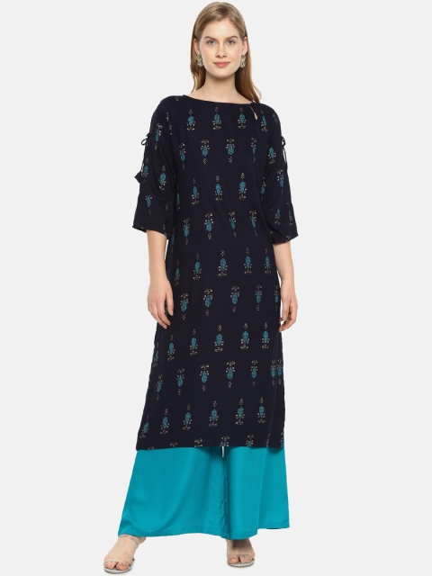 

Instafab Women Navy Blue & Beige Quirky Print Straight Kurta with Palazzos