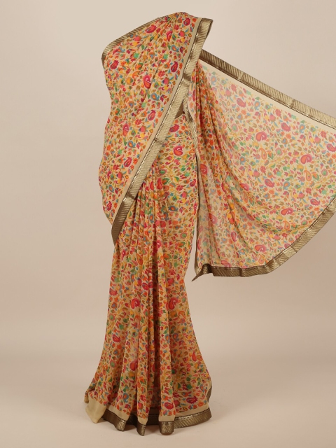 

Pothys Cream-Coloured & Pink Poly Chiffon Printed Saree