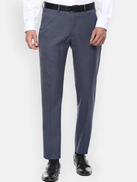 

Louis Philippe Men Navy Blue & White Slim Fit Checked Formal Trousers