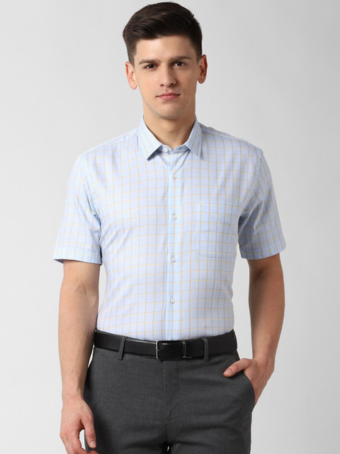 

Peter England Men Blue & Yellow Regular Fit Checked Pure Cotton Formal Shirt