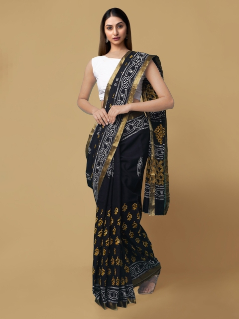 

Unnati Silks Black Pure Cotton Printed Block Print Saree