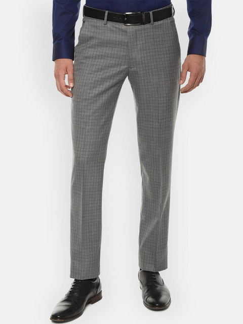 

Louis Philippe Men Grey & White Slim Fit Checked Formal Trousers