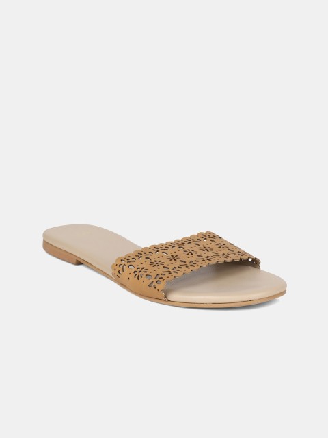 

W Women Beige Laser Cut PU Open Toe Flats
