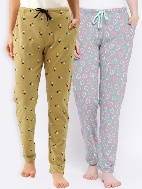 

Kanvin Women Pack of 2 Printed Pure Cotton Lounge Pants, Mustard