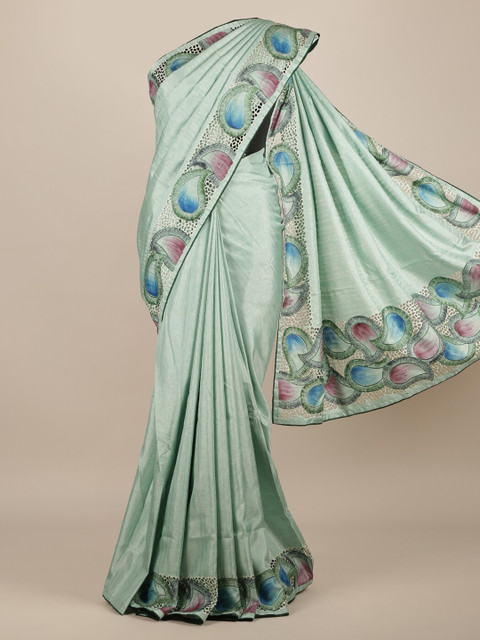 

Pothys Green & Blue Jute Silk Solid Saree