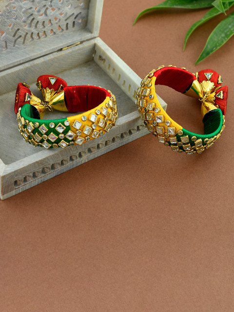 

Silvermerc Designs Set Of 2 Gold-Plated Yellow & White Kundan-Studded Handcrafted Bangles