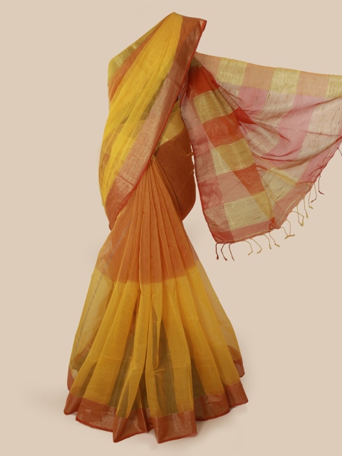 

Pothys Yellow & Orange Cotton Blend Colourblocked Saree