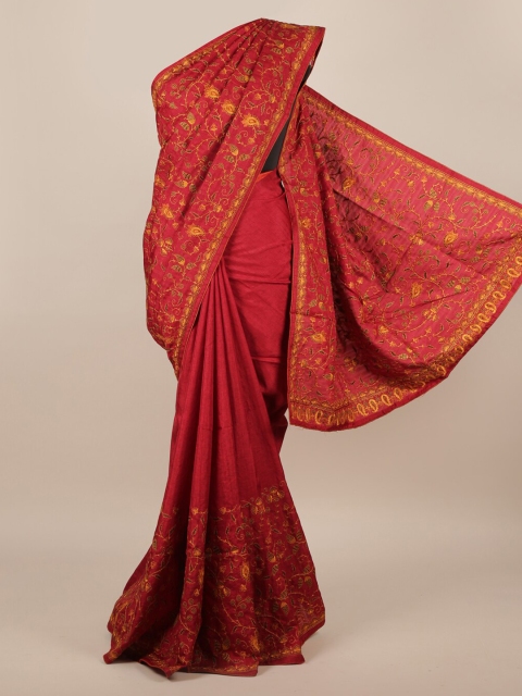 

Pothys Maroon Pure Silk Embroidered Tussar Saree