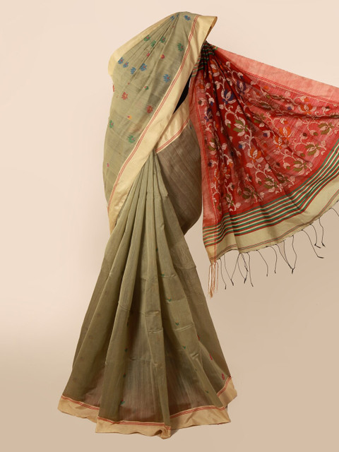 

Pothys Brown & Red Cotton Blend Woven Design Saree