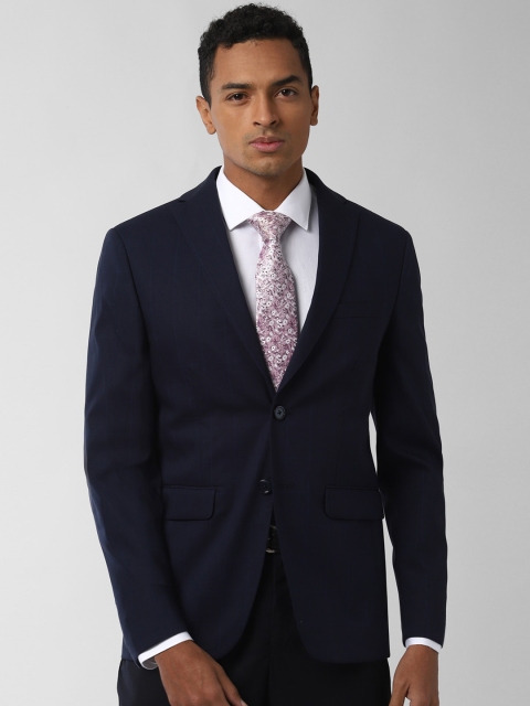 

Peter England Elite Men Navy Blue Checked Slim-Fit Single-Breasted Formal Blazer