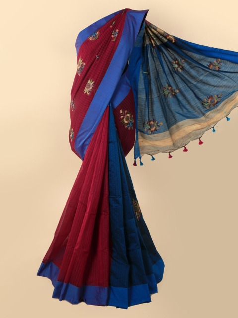 

Pothys Magenta & Blue Cotton Blend Colourblocked Saree