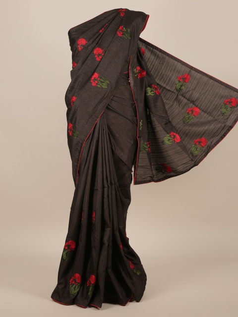 

Pothys Black Pure Silk Embroidered Tussar Saree