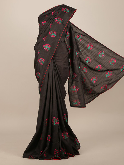 

Pothys Black & Red Jute Silk Floral Embroidered Saree