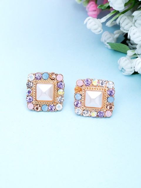 

Golden Peacock Multicoloured Stone-Studded Square Drop Earrings, Multi