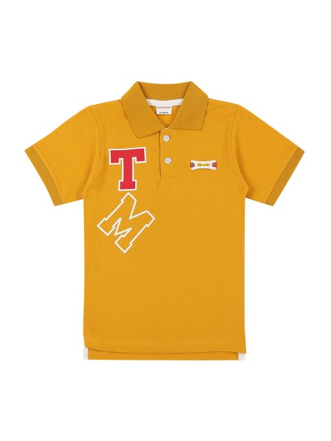 

RAINE AND JAINE Boys Mustard Yellow & Red Pure Cotton Placement Print Polo Collar T-shirt