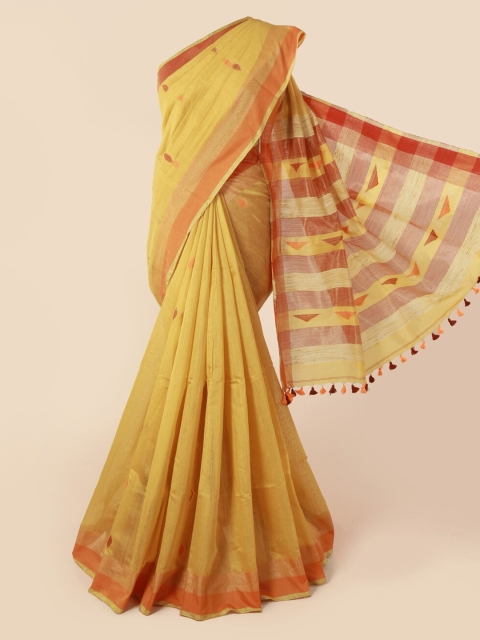 

Pothys Yellow & Orange Cotton Blend Solid Saree