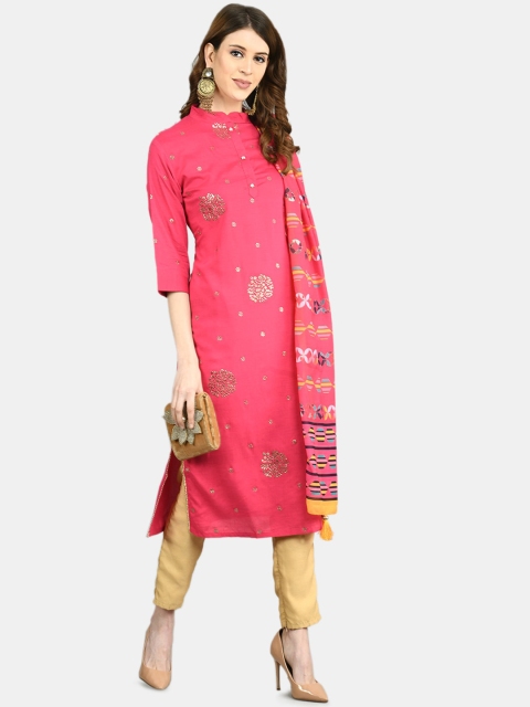 

Myshka Women Pink Ethnic Motif Print Mandarin Collar Cotton Kurta with Dupatta