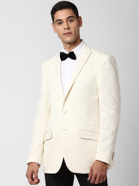 

Peter England Men Cream-Coloured Self-Design Tailored-Fit Party Blazer