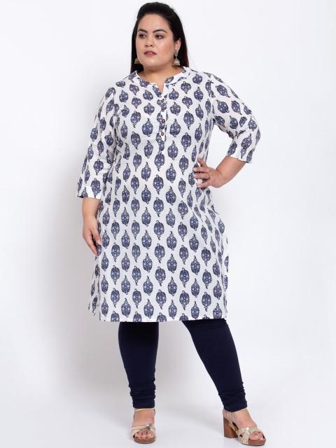 

plusS Women White & Blue Ethnic Motifs Printed Kurta