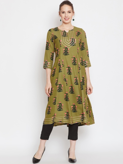

One of a Kind Women Olive Green & Pink Floral Printed Floral Crepe Kurta