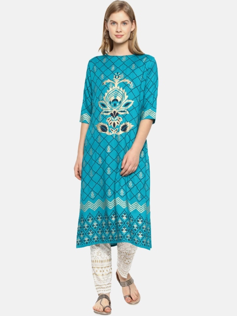 

Instafab Women Blue & Golden Ethnic Motifs Print Straight Kurta with Trousers