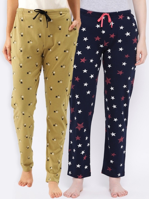 

Kanvin Women Pack of 2 Star Print Pure Cotton Lounge Pants, Mustard