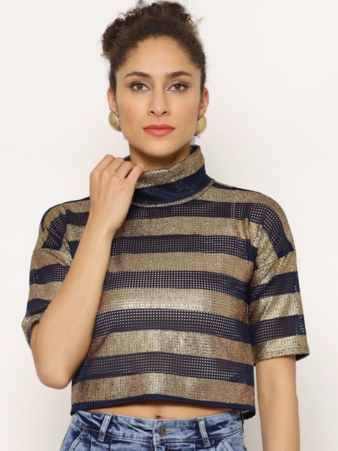 

Twenty3 Golden & Blue Striped High Neck Crop Top, Gold
