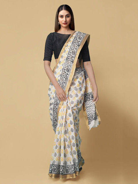 

Unnati Silks White & Blue Pure Cotton Printed Block Print Saree