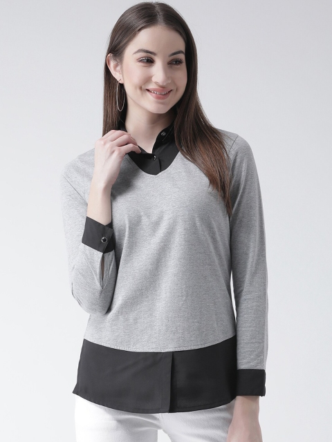 

Texco Women Grey Melange & Black Colourblocked Shirt Style Top