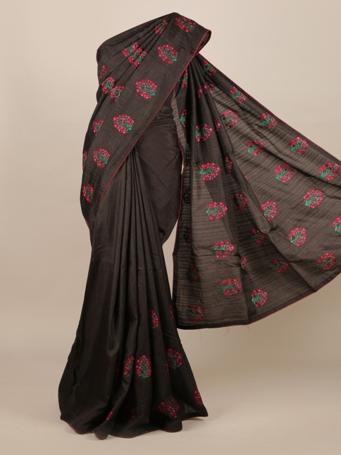 

Pothys Black Pure Silk Embroidered Tussar Saree