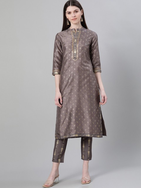 

Ziyaa Women Taupe & Golden Ethnic Foil Print Straight Kurta with Gotta Patti