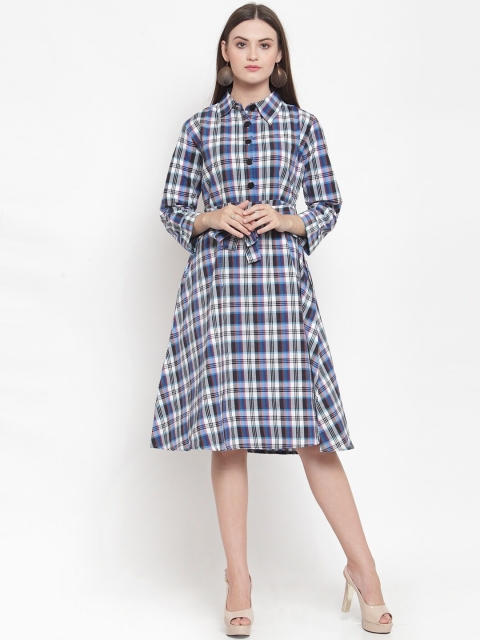 

Purple State Women Off-White & Blue Checked Cotton Shirt Dress with Belt