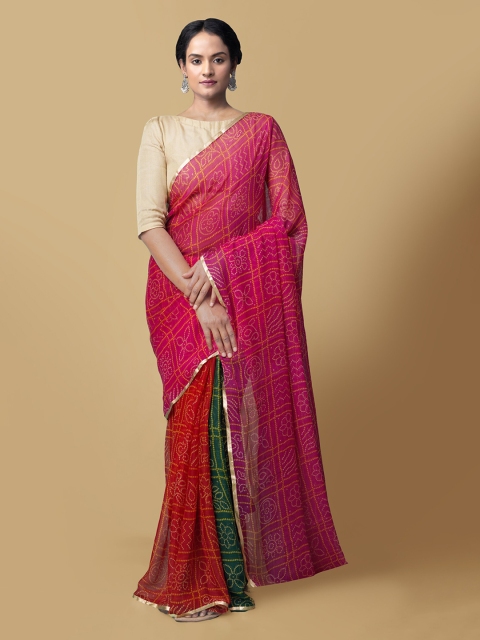 

Unnati Silks Pink Pure Chiffon Solid Bandhani Saree