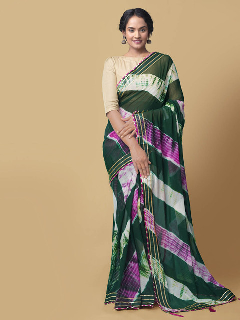 

Unnati Silks Green Striped Pure Chiffon Saree
