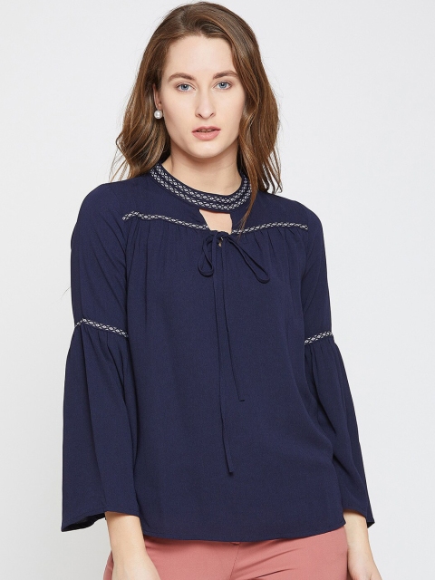 

Madame Navy Blue Keyhole Neck Bell Sleeves A-Line Top