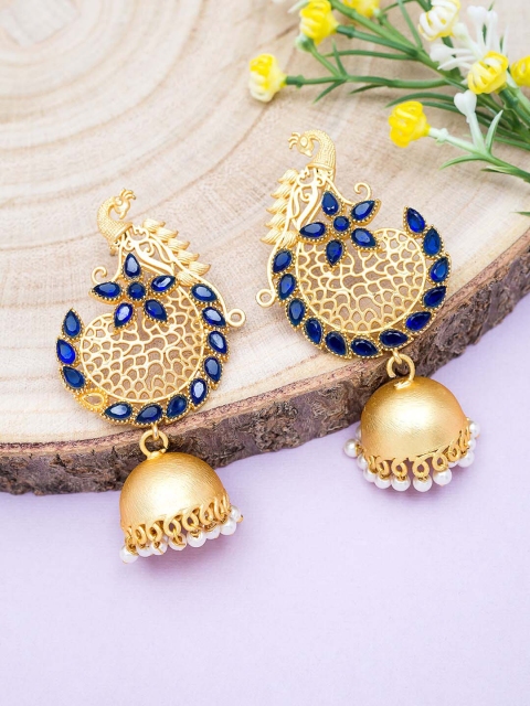 Golden Peacock Gold-Toned & Blue Studded & Beaded Peacock & Dome Shaped Jhumkas