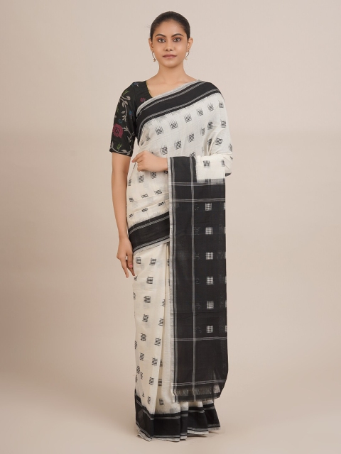 

Pothys Cream-Coloured & Black Pure Cotton Checked Sambalpuri Saree