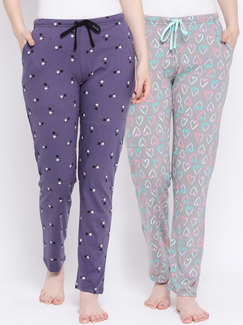 

Kanvin Women Pack of 2 Printed Pure Cotton Lounge Pants, Grey