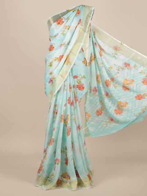 

Pothys Blue & Orange Poly Chiffon Printed Saree