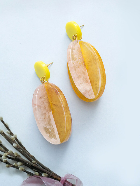 

Golden Peacock Mustard Yellow & Off-White Translucent Stone-Studded Drop Earrings