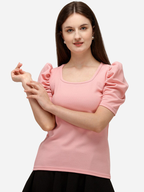 

Clothzy Pink Solid Puff Sleeves Regular Top