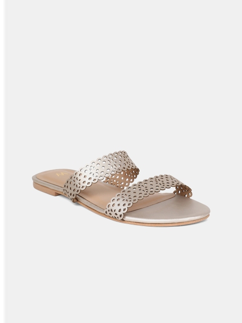 

W Women Gunmetal-Toned Laser Cut PU Open Toe Flats, Metallic