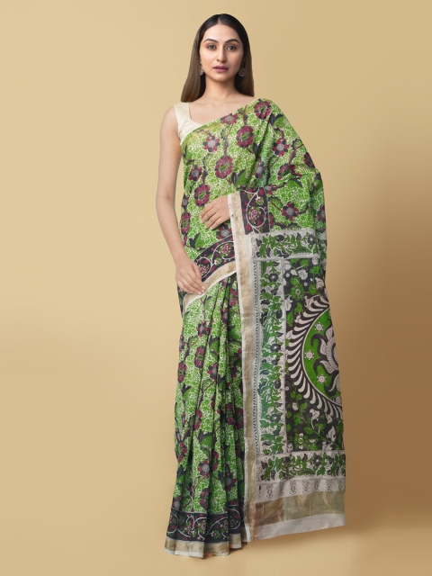 

Unnati Silks Green Silk Cotton Printed Chanderi Saree